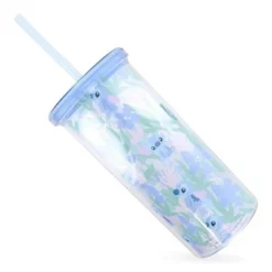 Silver Buffalo Disney Lilo & Stitch Floral Pattern 20oz Plastic Cold Cup w/ Lid and Straw