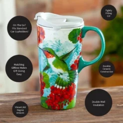 Evergreen Hummingbird Trio Ceramic Travel Coffee Mug, 17 ounces -WATER BOTTLES Sales unnamed file 2434