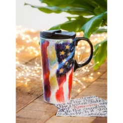 Evergreen Beautiful American Flag Ceramic Travel Cup with Lid - 5 x 4 x 7 Inches