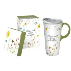 Evergreen Beautiful All You Need is Love and Coffee Ceramic Travel Cup - 5 x 7 x 4 Inches