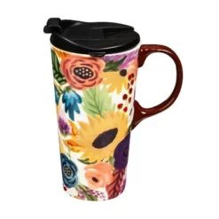 Evergreen Ceramic Travel Cup, 17 OZ. ,w/box and Tritan Lid, Harvest Garden