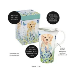Evergreen Ceramic Travel Cup, 17 OZ. ,w/box and Tritan Lid, Puppies in the meadow -WATER BOTTLES Sales unnamed file 2598