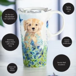 Evergreen Ceramic Travel Cup, 17 OZ. ,w/box and Tritan Lid, Puppies in the meadow -WATER BOTTLES Sales unnamed file 2599