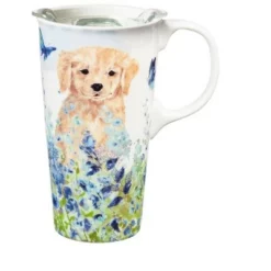 Evergreen Ceramic Travel Cup, 17 OZ. ,w/box and Tritan Lid, Puppies in the meadow -WATER BOTTLES Sales unnamed file 2600