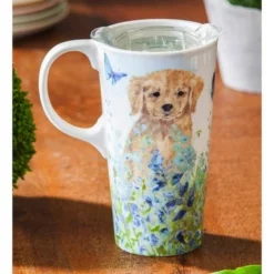 Evergreen Ceramic Travel Cup, 17 OZ. ,w/box and Tritan Lid, Puppies in the meadow -WATER BOTTLES Sales unnamed file 2602
