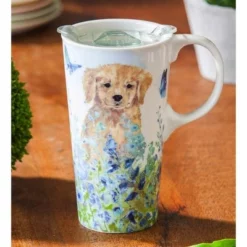 Evergreen Ceramic Travel Cup, 17 OZ. ,w/box and Tritan Lid, Puppies in the meadow -WATER BOTTLES Sales unnamed file 2603