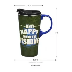 Evergreen Beautiful Only Happy When I'm Fishing Ceramic Travel Cup with Lid - 5 x 4 x 7 Inches