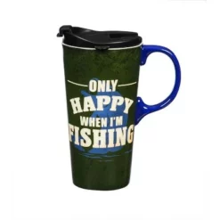 Evergreen Beautiful Only Happy When I'm Fishing Ceramic Travel Cup with Lid - 5 x 4 x 7 Inches -WATER BOTTLES Sales unnamed file 2610