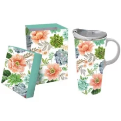 Evergreen Ceramic Travel Cup w/box, 17 OZ., Fresh Succulents -WATER BOTTLES Sales unnamed file 2619
