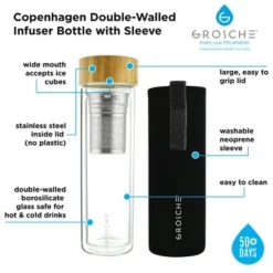 GROSCHE COPENHAGEN Double Walled Glass Tea Infuser Water Bottle, Insulated Bottle with Protective Sleeve, 14.3 fl oz. Capacity -WATER BOTTLES Sales unnamed file 4861