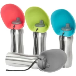 Messy Mutts Stainless Steel 24 Ounce Travel Water Bottle with Blue Silicone Flip Up Bowl