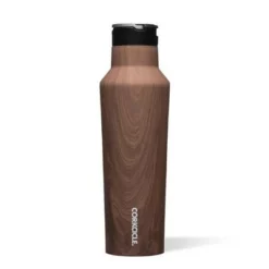 Corkcicle Luxe 20 Ounce Sport Canteen Triple Insulated Stainless Steel Water Bottle with Straw Cap and Folding Metal Handle, Walnut Wood